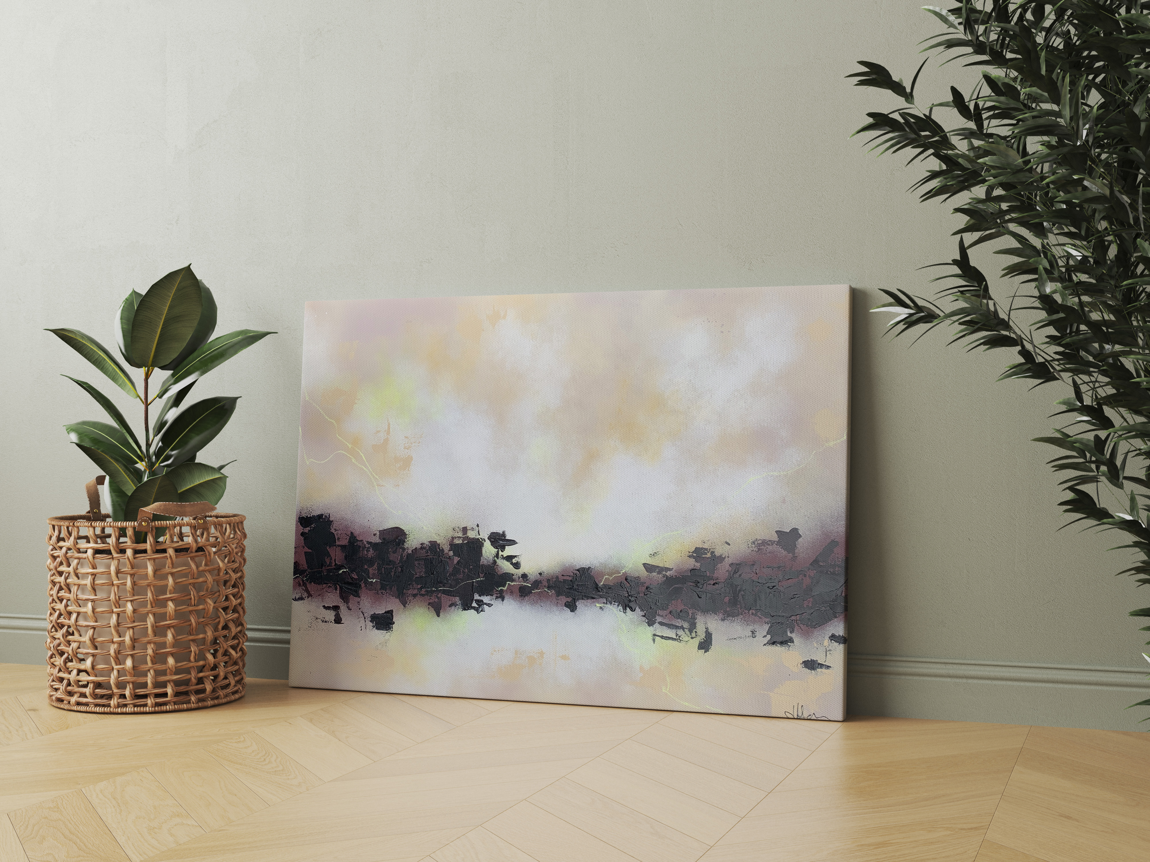 Original abstract art - contemporary Irish landscape canvas painting for sale. Large pink, purple and beige acrylic painting.